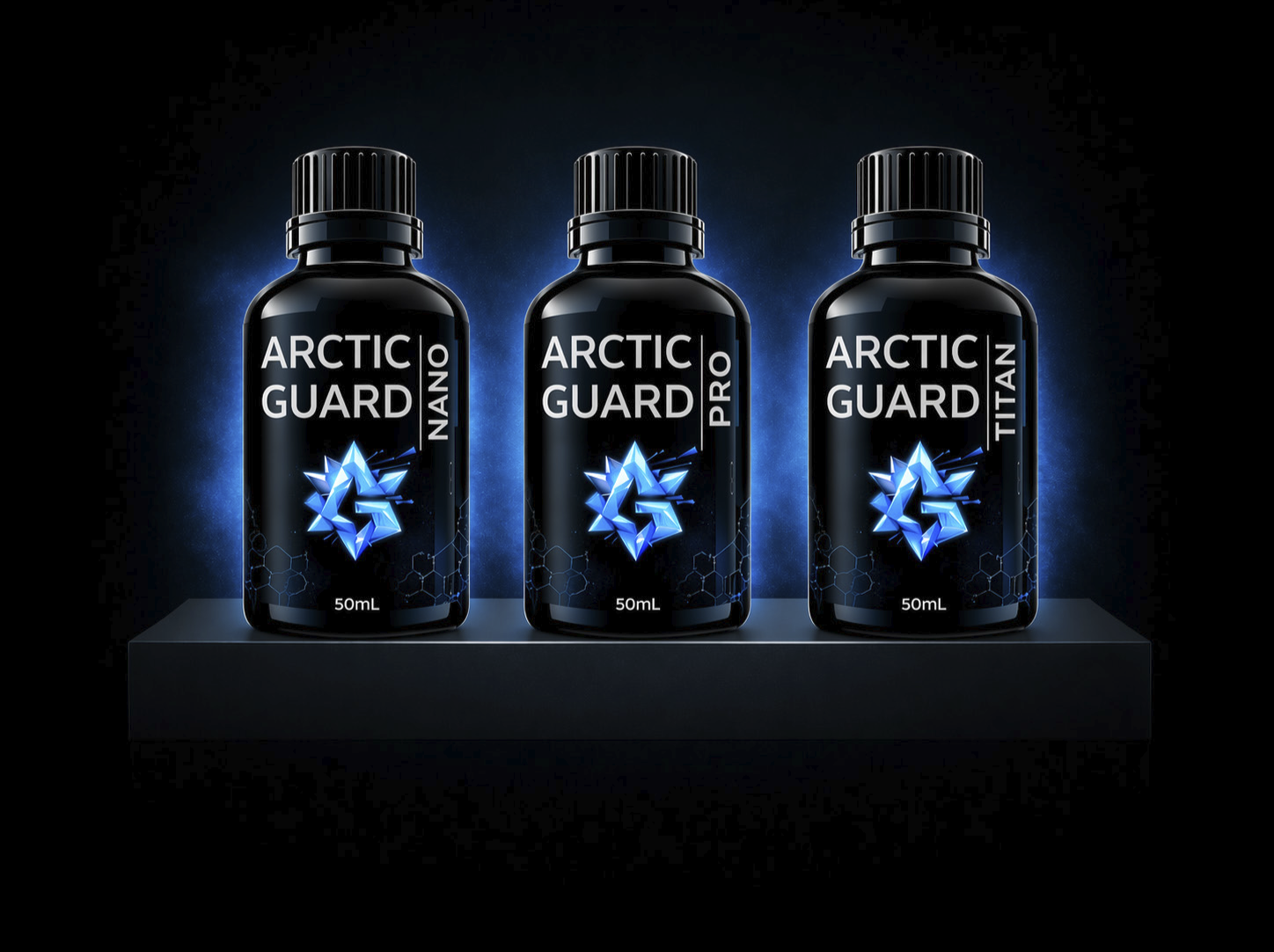 Arctic Guard NANO, PRO and TITAN ceramic coating bottles